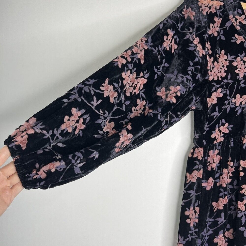 Another Love Velvet Floral Mini Dress Sz S Black Pink balloon sleeves - Picture 4 of 12